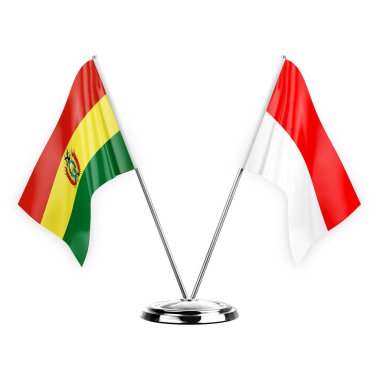 Two table flags isolated on white background 3d illustration, bolivia and indonesia