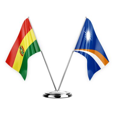 Two table flags isolated on white background 3d illustration, bolivia and marshall islands