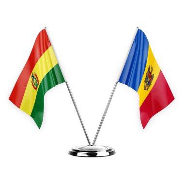 Two table flags isolated on white background 3d illustration, bolivia and moldova