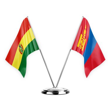 Two table flags isolated on white background 3d illustration, bolivia and mongolia