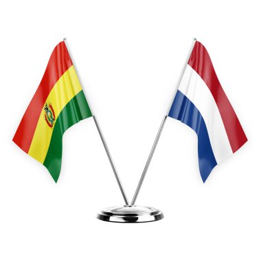 Two table flags isolated on white background 3d illustration, bolivia and netherlands