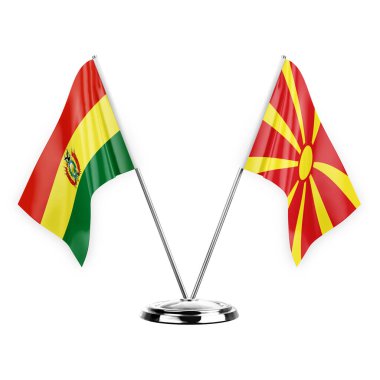 Two table flags isolated on white background 3d illustration, bolivia and north macedonia