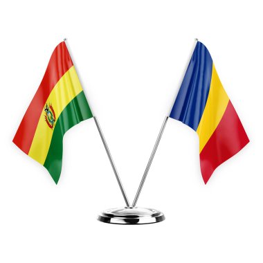 Two table flags isolated on white background 3d illustration, bolivia and romania