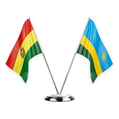 Two table flags isolated on white background 3d illustration, bolivia and rwanda
