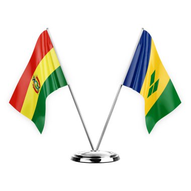 Two table flags isolated on white background 3d illustration, bolivia and saint vincent and the grenadines