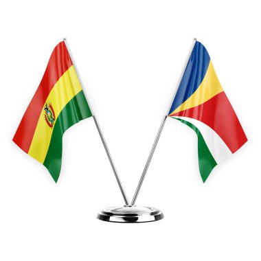 Two table flags isolated on white background 3d illustration, bolivia and seychelles