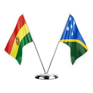 Two table flags isolated on white background 3d illustration, bolivia and solomon islands