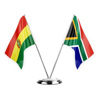 Two table flags isolated on white background 3d illustration, bolivia and south africa