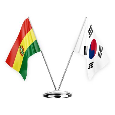 Two table flags isolated on white background 3d illustration, bolivia and south korea