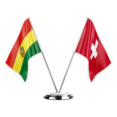 Two table flags isolated on white background 3d illustration, bolivia and switzerland