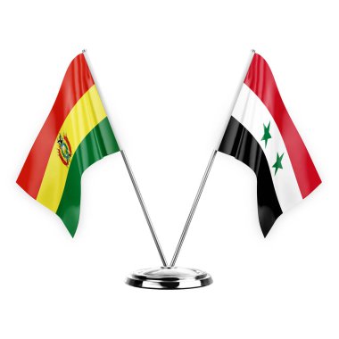 Two table flags isolated on white background 3d illustration, bolivia and syria