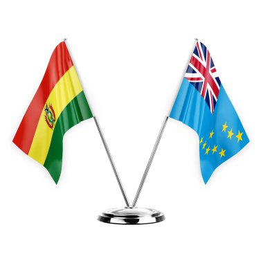 Two table flags isolated on white background 3d illustration, bolivia and tuvalu