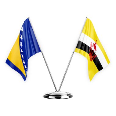 Two table flags isolated on white background 3d illustration, bosnia and brunei