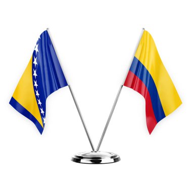 Two table flags isolated on white background 3d illustration, bosnia and colombia