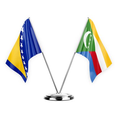 Two table flags isolated on white background 3d illustration, bosnia and comoros