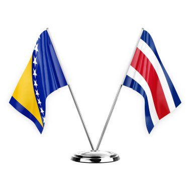 Two table flags isolated on white background 3d illustration, bosnia and costa rica
