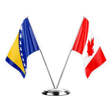 Two table flags isolated on white background 3d illustration, bosnia and canada