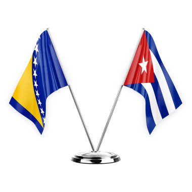Two table flags isolated on white background 3d illustration, bosnia and cuba