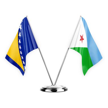 Two table flags isolated on white background 3d illustration, bosnia and djibouti