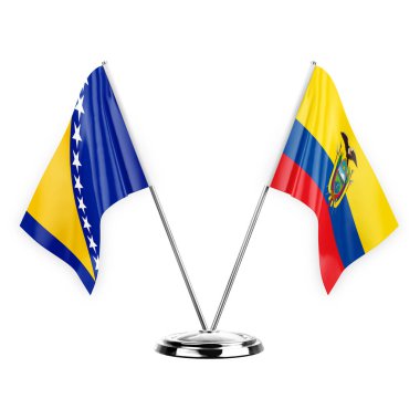 Two table flags isolated on white background 3d illustration, bosnia and ecuador
