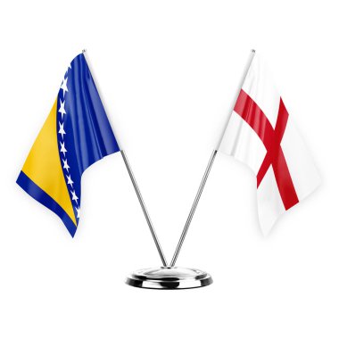 Two table flags isolated on white background 3d illustration, bosnia and england