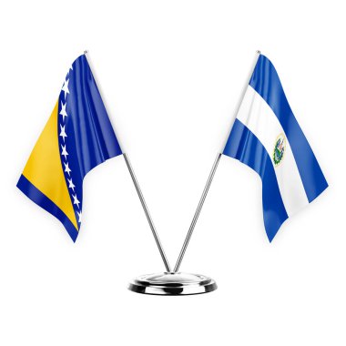 Two table flags isolated on white background 3d illustration, bosnia and el salvador