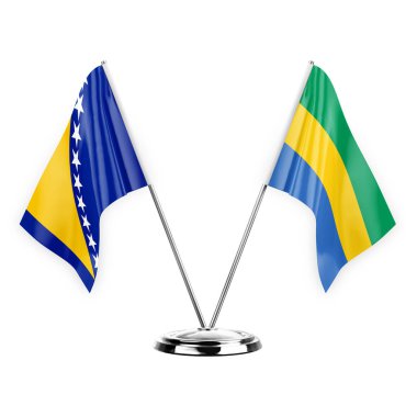 Two table flags isolated on white background 3d illustration, bosnia and gabon