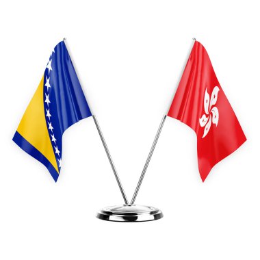 Two table flags isolated on white background 3d illustration, bosnia and hong kong