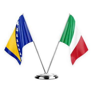 Two table flags isolated on white background 3d illustration, bosnia and italy