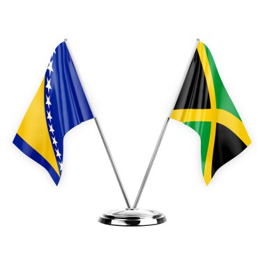 Two table flags isolated on white background 3d illustration, bosnia and jamaica