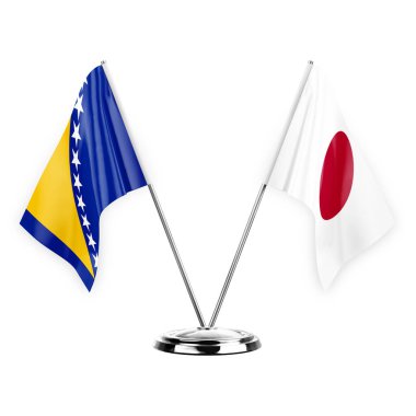 Two table flags isolated on white background 3d illustration, bosnia and japan