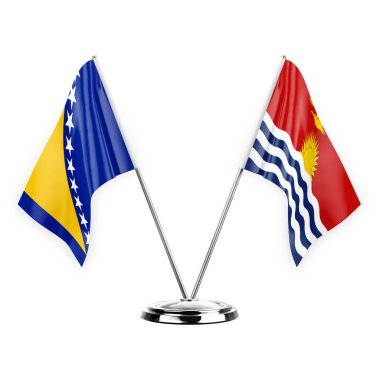 Two table flags isolated on white background 3d illustration, bosnia and kiribati