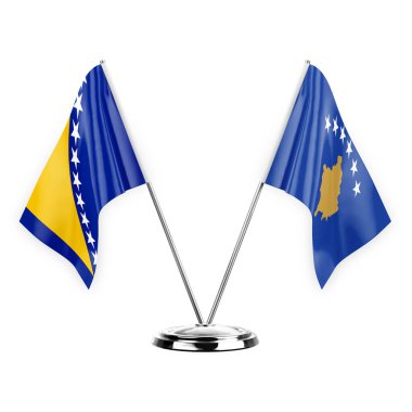 Two table flags isolated on white background 3d illustration, bosnia and kosovo