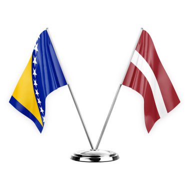 Two table flags isolated on white background 3d illustration, bosnia and latvia