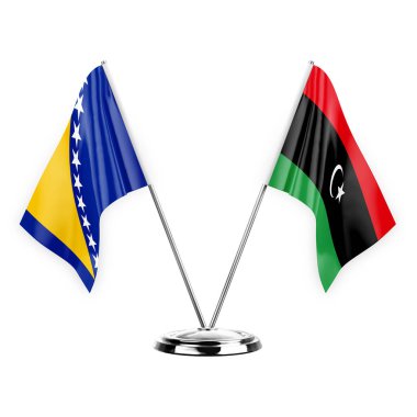 Two table flags isolated on white background 3d illustration, bosnia and libya
