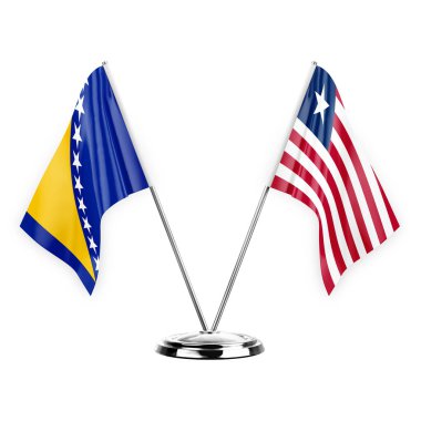 Two table flags isolated on white background 3d illustration, bosnia and liberia