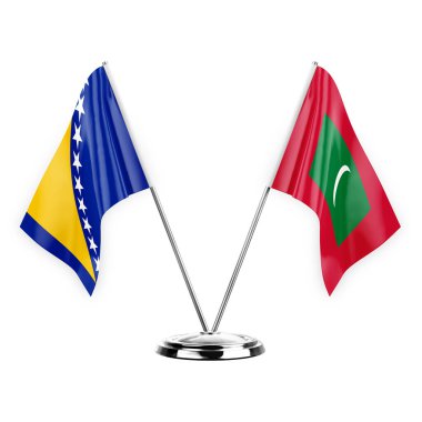 Two table flags isolated on white background 3d illustration, bosnia and maldives