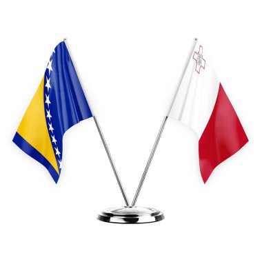 Two table flags isolated on white background 3d illustration, bosnia and malta