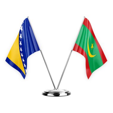 Two table flags isolated on white background 3d illustration, bosnia and mauritania