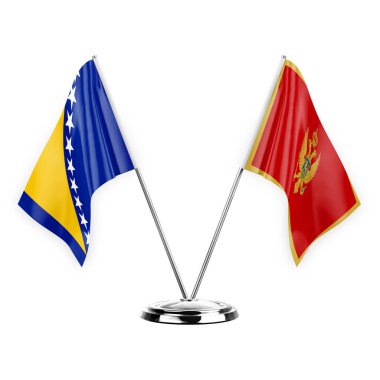 Two table flags isolated on white background 3d illustration, bosnia and montenegro