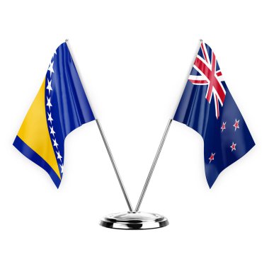 Two table flags isolated on white background 3d illustration, bosnia and new zealand