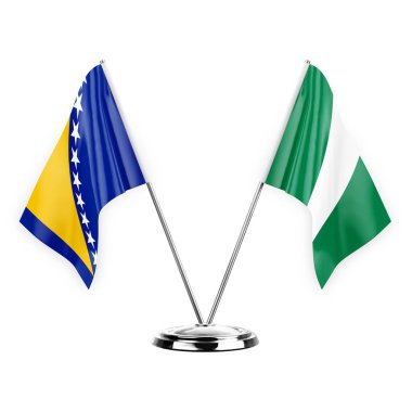 Two table flags isolated on white background 3d illustration, bosnia and nigeria
