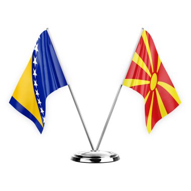 Two table flags isolated on white background 3d illustration, bosnia and north macedonia