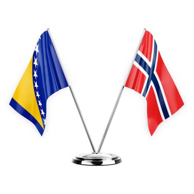 Two table flags isolated on white background 3d illustration, bosnia and norway