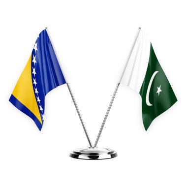 Two table flags isolated on white background 3d illustration, bosnia and pakistan