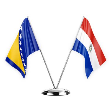 Two table flags isolated on white background 3d illustration, bosnia and paraguay