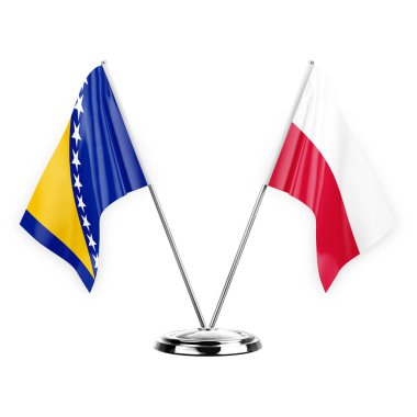 Two table flags isolated on white background 3d illustration, bosnia and poland