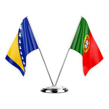 Two table flags isolated on white background 3d illustration, bosnia and portugal