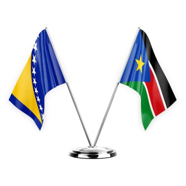 Two table flags isolated on white background 3d illustration, bosnia and south sudan