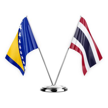 Two table flags isolated on white background 3d illustration, bosnia and thailand